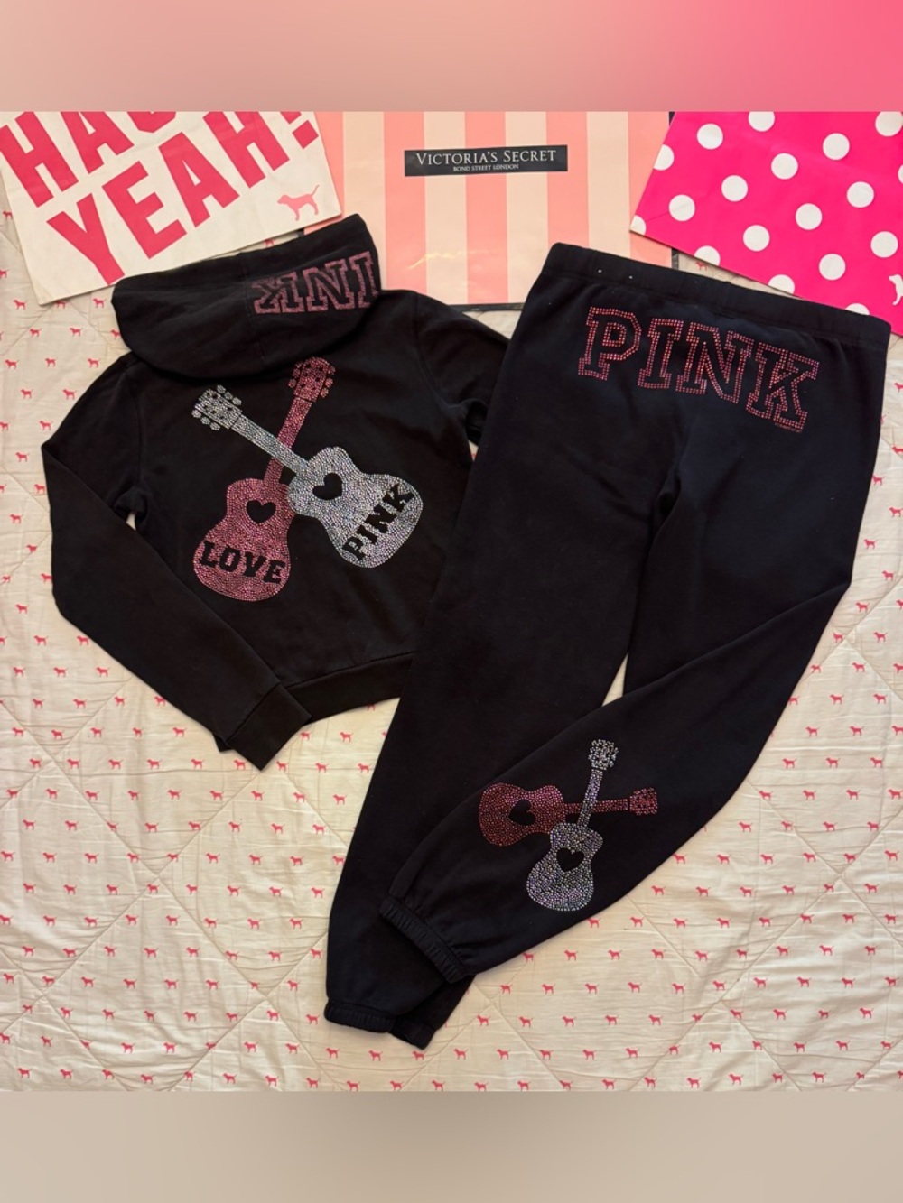 VS PINK VINTAGE Y2K SET HOODIE & CAMPUS SWEATPANTS GUITAR ROCK N ROLL BLING RARE